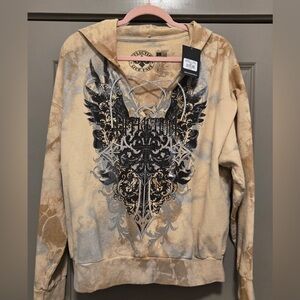 Affliction Lace-Up Hoodie with Wing Graphic - Beige Black
